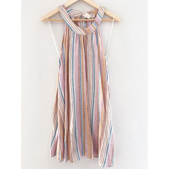 C&C California Linen Halter Neck Mini Shift Dress Medium Pastel Stripe Beach - Picture 1 of 8